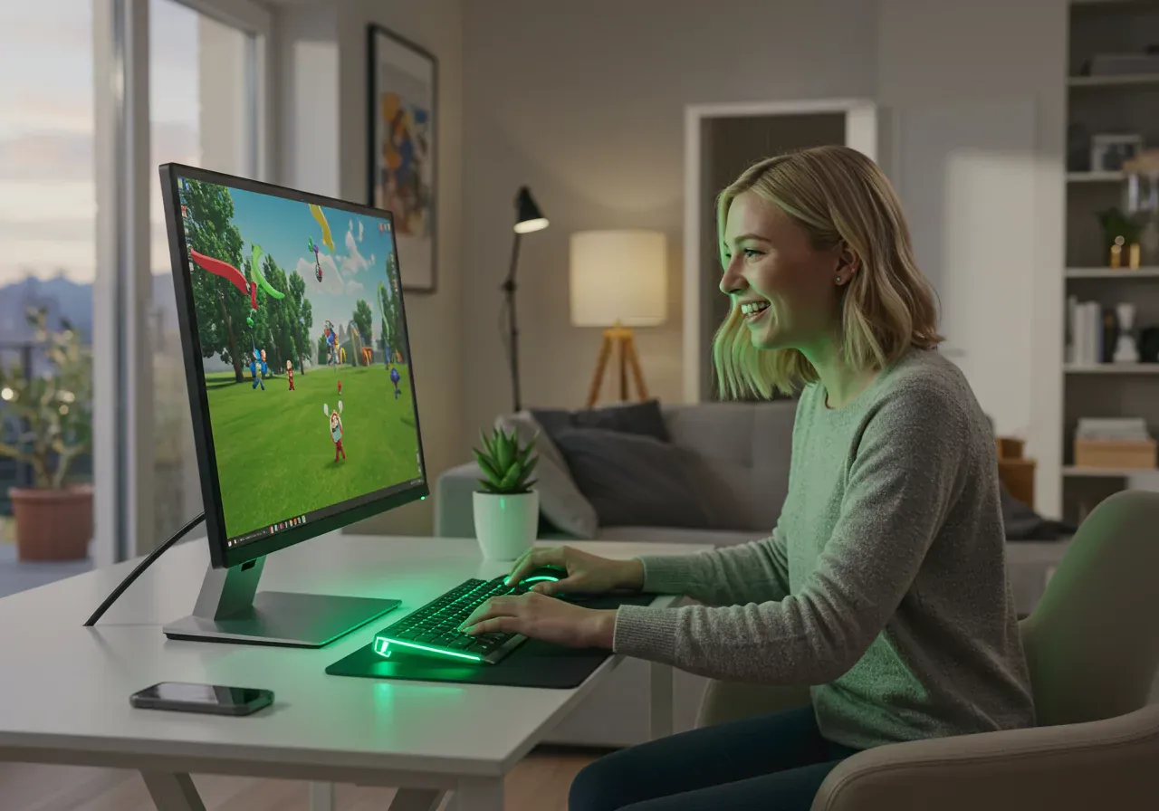 Woman games with glowing green computer